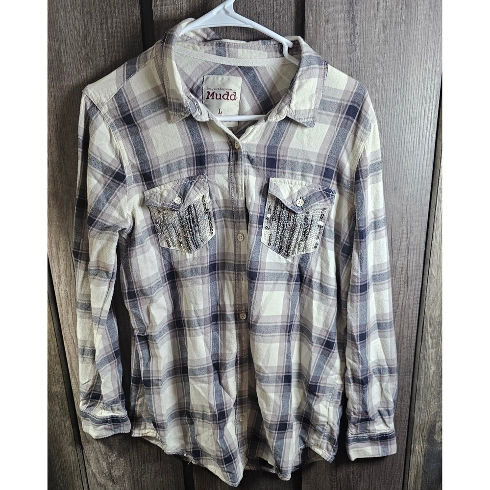 Mudd Womens Plaid Shirt Long Sleeve Sequins Pockets Button Down Size L